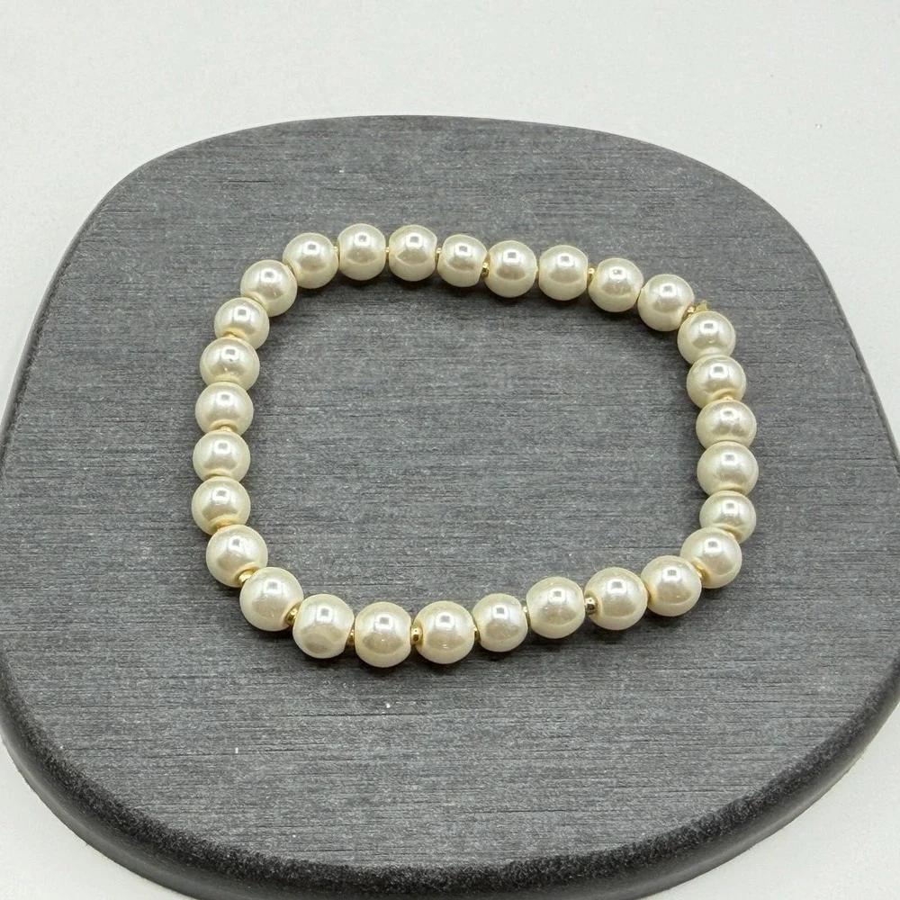 Faux Pearl Gold Tone Spacer Bead Stretch Bracelet Cream Classic Bridal Jewelry